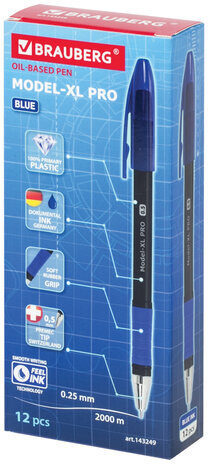 Ручка шариковая масляная с грипом BRAUBERG "Model-XL PRO", СИНЯЯ, узел 0,5 мм, линия письма 0,25 мм, 143249