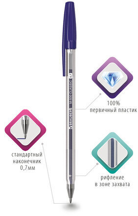 Ручка шариковая BRAUBERG "M-500 CLASSIC", СИНЯЯ, корпус прозрачный, узел 0,7 мм, линия письма 0,35 мм, 143444