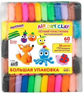 Пластилин супер легкий воздушный 60 штук (36 цветов + 12х2 базовых), 600 г, 3 стека, ЮНЛАНДИЯ, 106981
