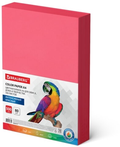Бумага цветная BRAUBERG, А4, 80 г/м2, 500 л., интенсив, красная, для офисной техники, 115215