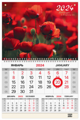 Календарь квартальный на 2024 г., 1 блок, 1 гребень, магнитный курсор, меованная бумага, BRAUBERG, "Маки", 115331