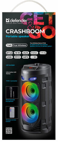Колонка портативная DEFENDER Crashboom, 16 Вт, 1800 мАч, Bluetooth, FM, Type-C, черная, 65085