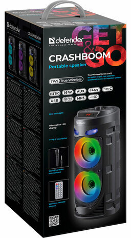 Колонка портативная DEFENDER Crashboom, 16 Вт, 1800 мАч, Bluetooth, FM, Type-C, черная, 65085