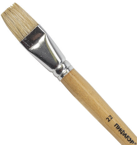 Кисть ПИФАГОР, ЩЕТИНА, плоская, № 22, деревянная лакированная ручка, пакет с подвесом, 200880