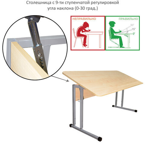 Стол-парта 2-местный, регулируемый угол, "Умник" 1200х500х520-640мм, рост 2-4, серый каркас, ЛДСП клён