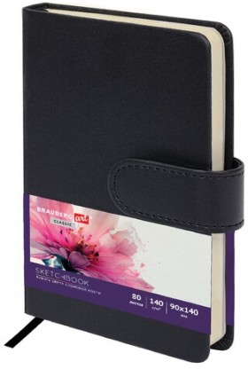 Скетчбук, слоновая кость 140 г/м2 90х140 мм, 80 л., КОЖЗАМ, застежка, BRAUBERG ART CLASSIC, черный,116458