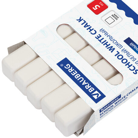 Мел белый BRAUBERG, набор 5 шт., утолщенный, квадратный, 227444