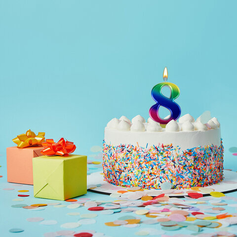 Свеча-цифра для торта "8" "Радужная", 9 см, ЗОЛОТАЯ СКАЗКА, с держателем, в блистере, 591441