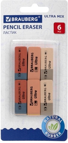 Ластики BRAUBERG "Ultra Mix" 6 шт., размер ластика 41х14х8 мм, ассорти, натуральный каучук, 229602