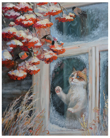 Картина по номерам 40х50 см, ОСТРОВ СОКРОВИЩ "Кот и снегири", на подрамнике, акрил, кисти, 662899