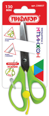 Ножницы ПИФАГОР, 130 мм, с усилителем, линейкой, зеленые, в картонной упаковке с европодвесом, 236857
