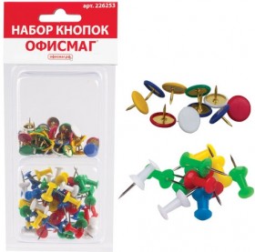 Набор ОФИСМАГ, силовые кнопки-гвоздики ассорти 50 шт., кнопки канцелярские цветные 50 шт., блистер, 226253