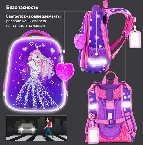Ранец BRAUBERG PREMIUM, 2 отделения, с брелком, "Shining girl", 38х29х16 см, 270592