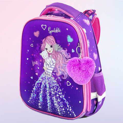 Ранец BRAUBERG PREMIUM, 2 отделения, с брелком, "Shining girl", 38х29х16 см, 270592