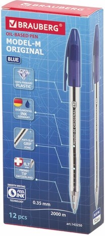 Ручка шариковая масляная BRAUBERG "Model-M" ORIGINAL, СИНЯЯ, узел 0,7 мм, линия письма 0,35 мм, 143250