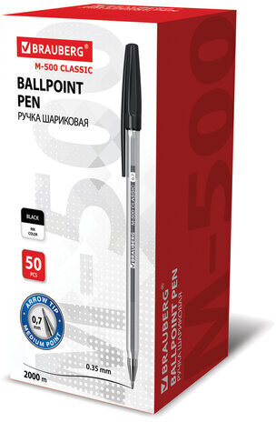 Ручка шариковая BRAUBERG "M-500 CLASSIC", ЧЕРНАЯ, корпус прозрачный, узел 0,7 мм, линия письма 0,35 мм, 143445