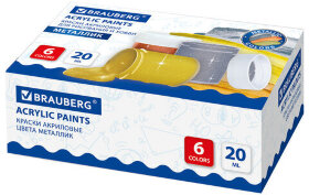 Краски акриловые МЕТАЛЛИК для рисования и хобби BRAUBERG 6 цветов по 20 мл, 191605