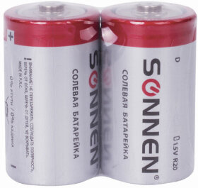 Батарейки КОМПЛЕКТ 2 шт, SONNEN, D (R20), солевые, в пленке, 451100