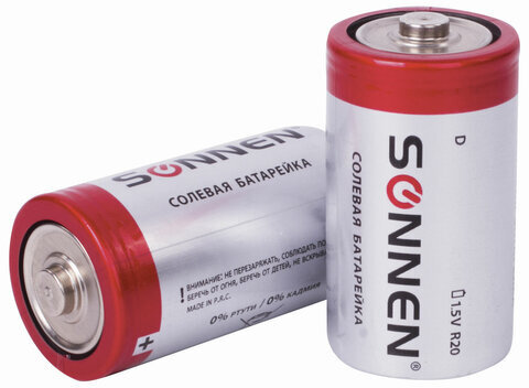 Батарейки КОМПЛЕКТ 2 шт, SONNEN, D (R20), солевые, в пленке, 451100