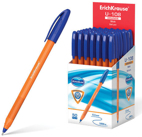 Ручка шариковая масляная ERICH KRAUSE "U-108 Orange" СИНЯЯ, корпус оранжевый, узел 1,0 мм, линия письма 0,3 мм, 47582