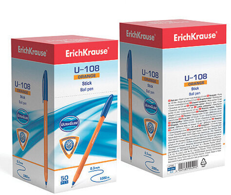 Ручка шариковая масляная ERICH KRAUSE "U-108 Orange" СИНЯЯ, корпус оранжевый, узел 1,0 мм, линия письма 0,3 мм, 47582