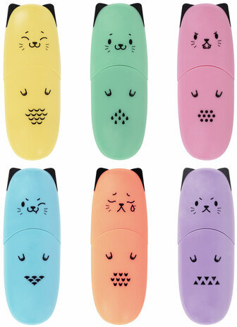Набор текстовыделителей мини 6 ЦВЕТОВ BRAUBERG KIDS "CUTE CATS PASTEL", линия 1-5 мм, 152436