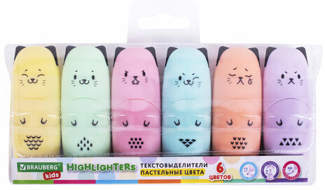Набор текстовыделителей мини 6 ЦВЕТОВ BRAUBERG KIDS "CUTE CATS PASTEL", линия 1-5 мм, 152436