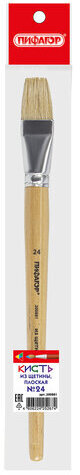 Кисть ПИФАГОР, ЩЕТИНА, плоская, № 24, деревянная лакированная ручка, пакет с подвесом, 200881