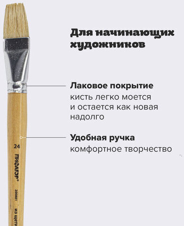Кисть ПИФАГОР, ЩЕТИНА, плоская, № 24, деревянная лакированная ручка, пакет с подвесом, 200881