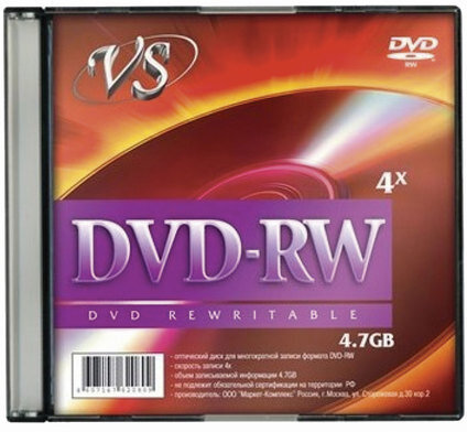 Диск DVD-RW, VS, 4,7 Gb, 4 x Slim Case, 1 штука, VSDVDRWSL01