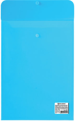 Папка-конверт с кнопкой BRAUBERG, вертикальная, А4, до 100 листов, прозрачная, синяя, 0,15 мм, 224977