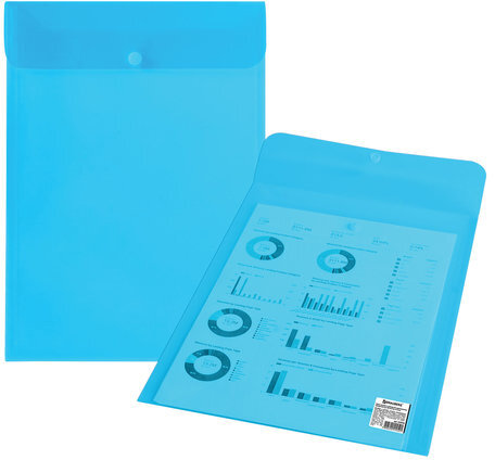 Папка-конверт с кнопкой BRAUBERG, вертикальная, А4, до 100 листов, прозрачная, синяя, 0,15 мм, 224977