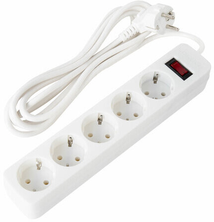 Сетевой фильтр SONNEN SPW-305, 5 розеток с заземлением, выключатель, 10 А, 3 м, белый, 513654