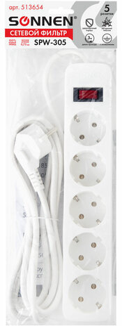 Сетевой фильтр SONNEN SPW-305, 5 розеток с заземлением, выключатель, 10 А, 3 м, белый, 513654