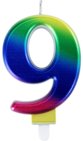 Свеча-цифра для торта "9" "Радужная", 9 см, ЗОЛОТАЯ СКАЗКА, с держателем, в блистере, 591442