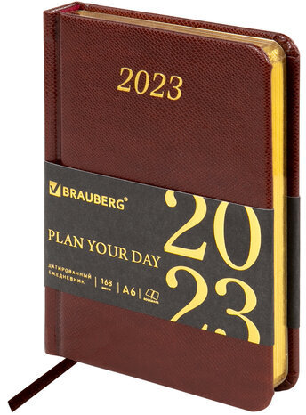 Ежедневник датированный 2023 МАЛЫЙ ФОРМАТ 100х150 мм А6, BRAUBERG "Iguana", под кожу, коричневый, 113921