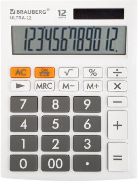 Калькулятор настольный BRAUBERG ULTRA-12-WT (192x143 мм), 12 разрядов, двойное питание, БЕЛЫЙ, 250496