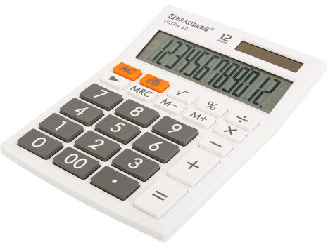 Калькулятор настольный BRAUBERG ULTRA-12-WT (192x143 мм), 12 разрядов, двойное питание, БЕЛЫЙ, 250496