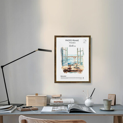 Рамка 30х40 см небьющаяся, багет 20 мм пластик, BRAUBERG "HIT3", цвет темный орех с позолотой, 391384