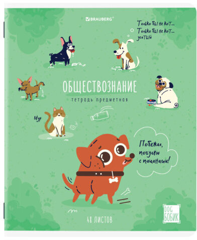 Тетрадь предметная DOG БОБИК 48 л., TWIN-лак, ОБЩЕСТВОЗНАНИЕ, клетка, подсказ, BRAUBERG, 404783