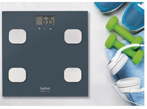 Весы напольные TEFAL Body Up BM2520V0, электронные, максимальная нагрузка 150 кг, квадрат, стекло, серые, 2100111795