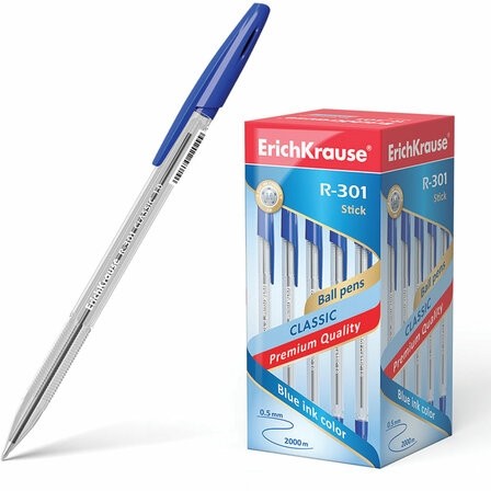Ручка шариковая ERICH KRAUSE "R-301 Classic", СИНЯЯ, корпус прозрачный, узел 1 мм, линия письма 0,5 мм, 43184