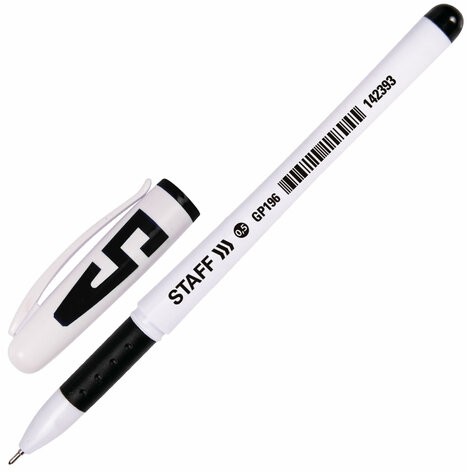 Ручка гелевая с грипом STAFF "Manager" GP-196, ЧЕРНАЯ, корпус белый, игольчатый узел 0,5 мм, линия письма 0,35 мм, 142393