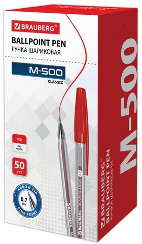 Ручка шариковая BRAUBERG "M-500 CLASSIC", КРАСНАЯ, корпус прозрачный, узел 0,7 мм, линия письма 0,35 мм, 143446