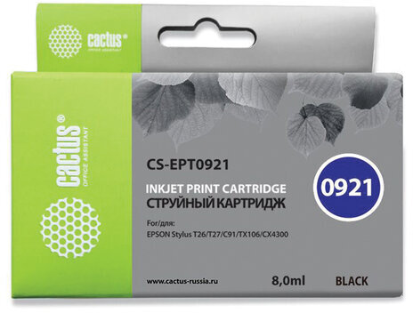 Картридж струйный CACTUS (CS-EPT0921) для EPSON Stylus C91/CX4300/T26/T27/TX106, черный