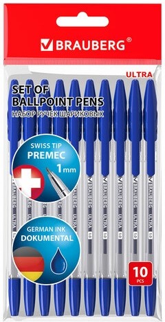 Ручки шариковые BRAUBERG "ULTRA", СИНИЕ, НАБОР 10 штук, корпус прозрачный, узел 1 мм, 143570