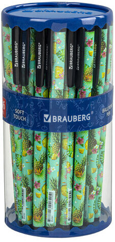 Ручка шариковая BRAUBERG SOFT TOUCH GRIP "PINEAPPLE", СИНЯЯ, мягкое покрытие, узел 0,7 мм, 143718