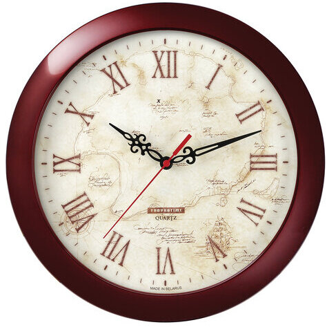 Часы настенные TROYKATIME (TROYKA) 11131150, круг, бежевые с рисунком "Карта", коричневая рамка, 29х29х3,5 см