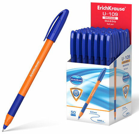 Ручка шариковая масляная с грипом ERICH KRAUSE "U-109 Orange", СИНЯЯ, узел 1,0 мм, линия письма 0,3 мм, 47591