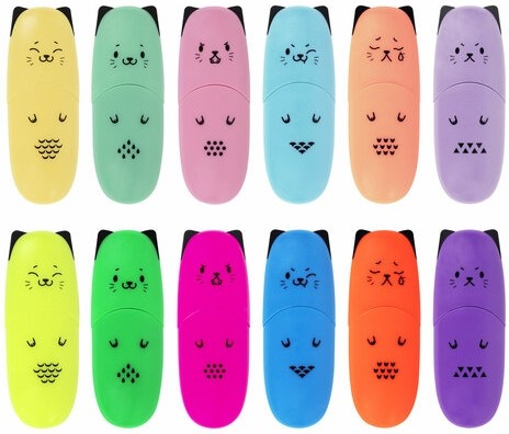 Набор текстовыделителей мини 12 ЦВЕТОВ BRAUBERG KIDS "CUTE CATS", линия 1-5 мм, 152437